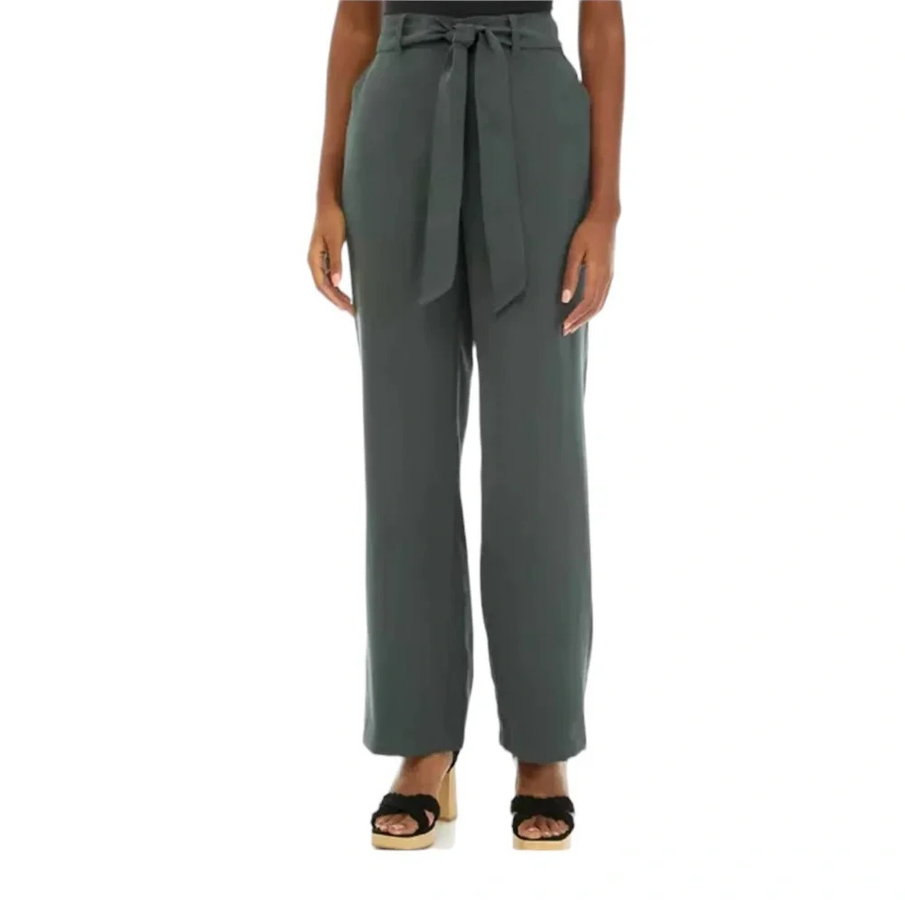 High-Waist Tie-Belt Wide Leg Pants - Gray